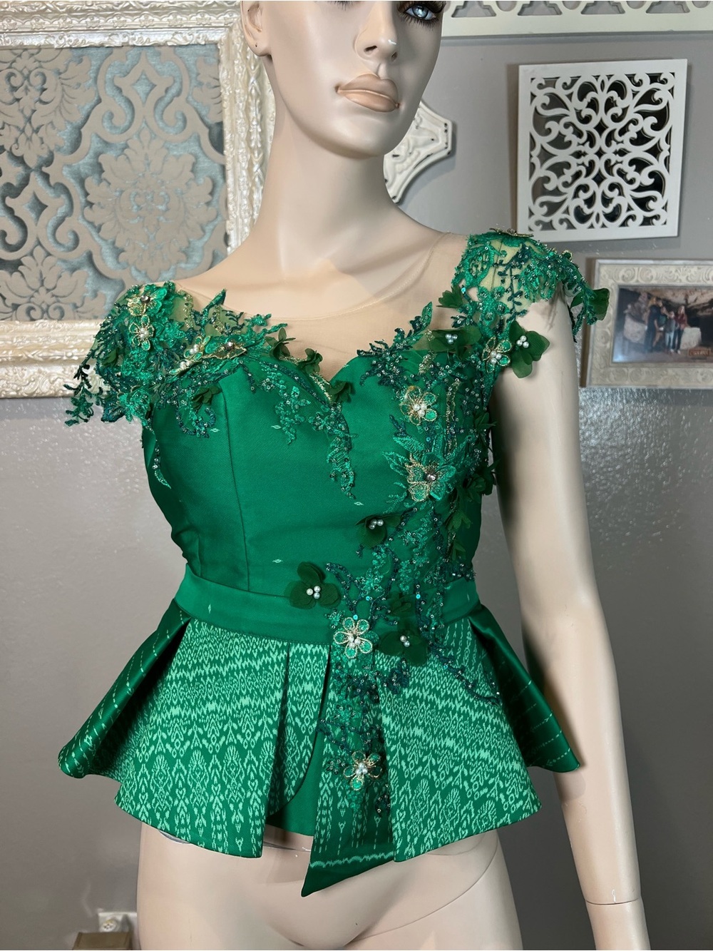 Formal Green Peplum Top Floral Appliqué Peplum